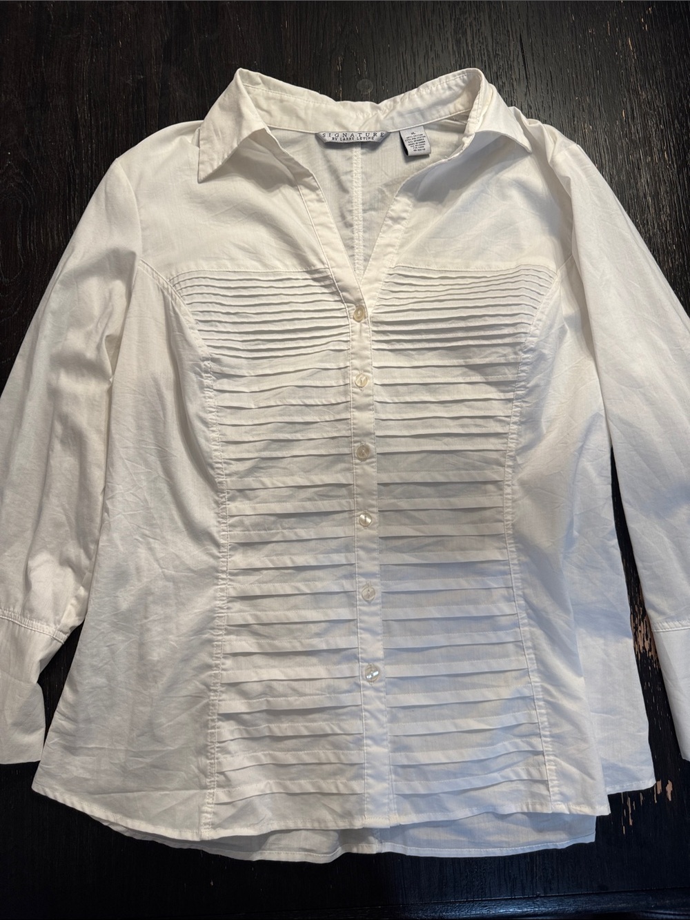 Signature by Larry Levine White Pintuck Front Button-Down Blouse
